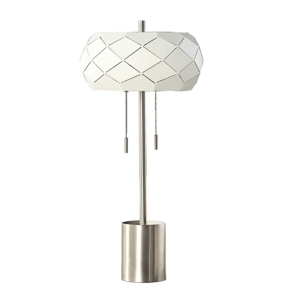 28 Inch Accent Table Lamp, Geometric Drum Shade, Metal Base, White, Silver - BM283263