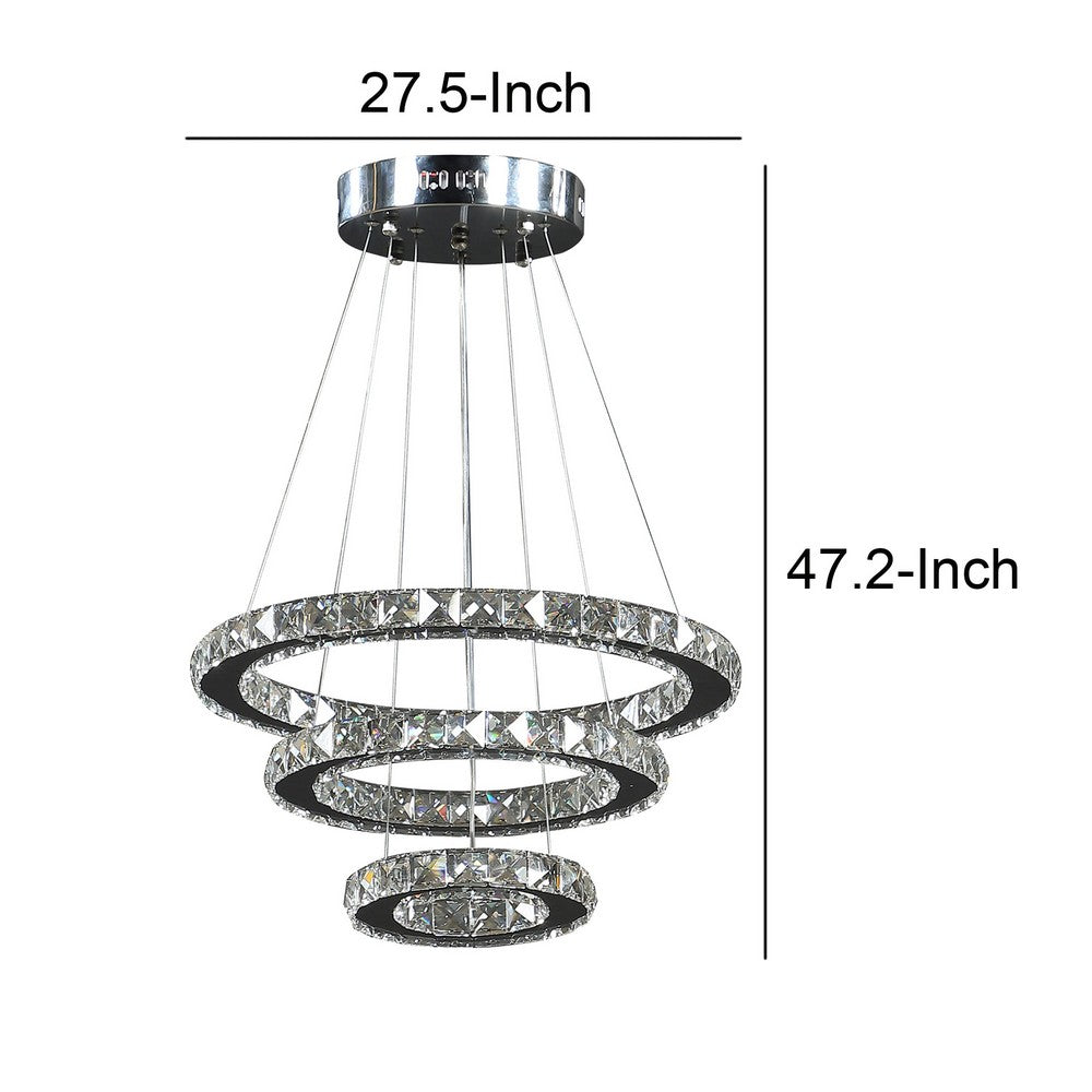 12- 47 Inch Ringed Adjustable Chandelier, 3 Circles Design, Chrome Silver - BM283277