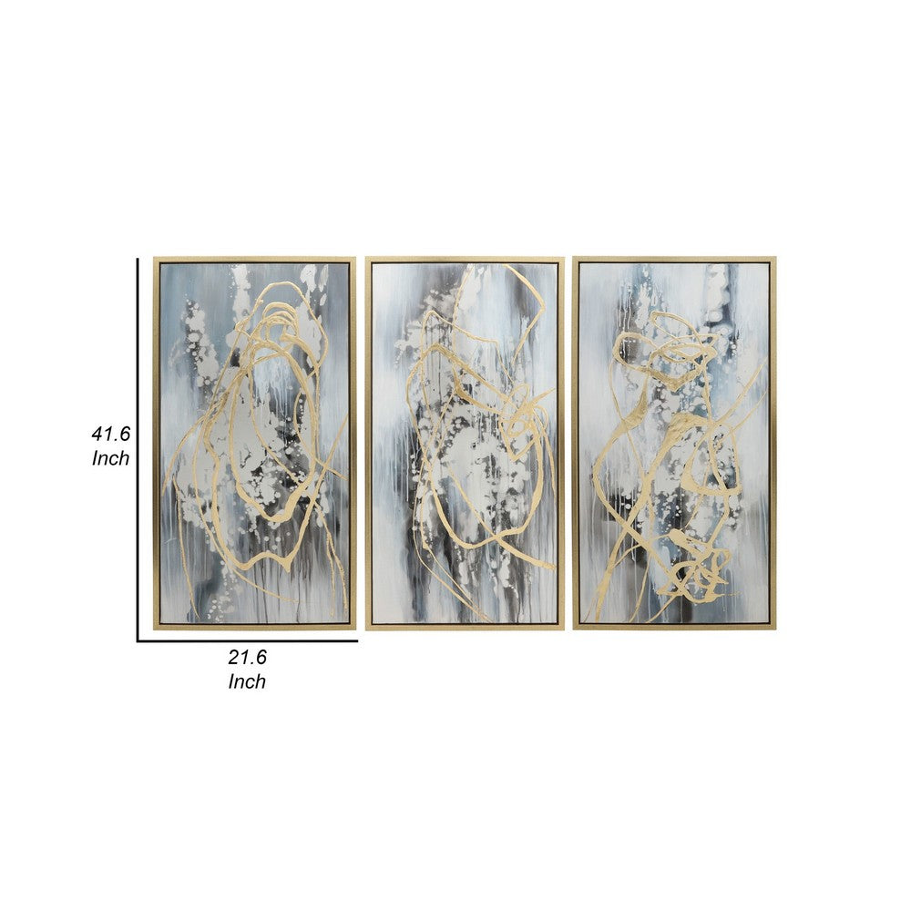 22 x 42 Canvas Wall Art, Abstract Luxury Paint Design, Set of 3, Gold, Gray - BM283743