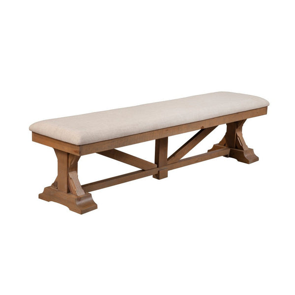 Tess 69 Inch Dining Accent Bench, Beige Fabric Cushion, Pine Wood, Brown - BM283851