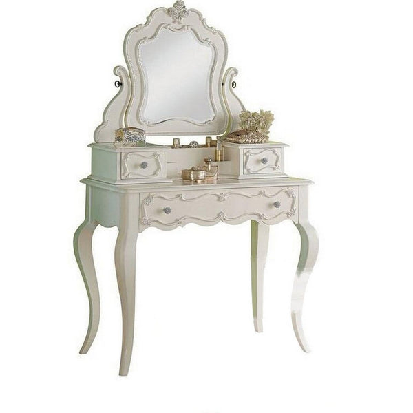 63 Inch Wood Classic Vanity Desk with Mirror, 3 Drawers, Carved, White - BM284042