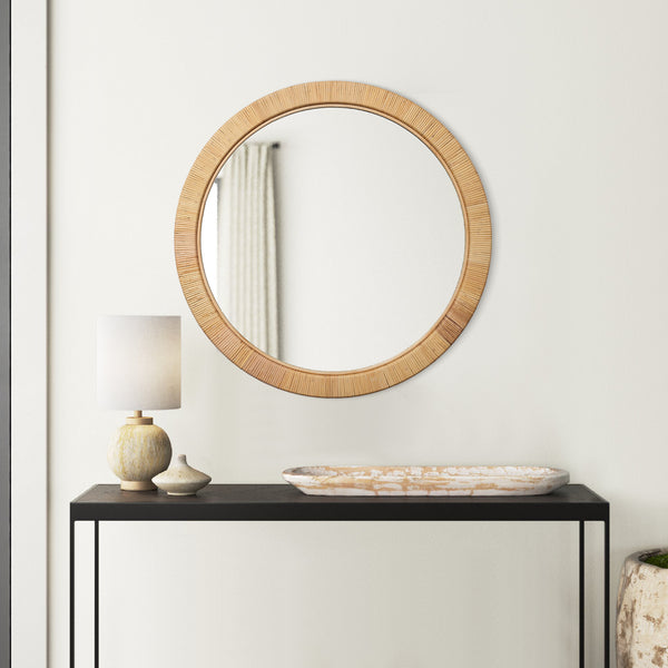36 Inch Coastal Style Round Mirror, Hand Woven Rattan Frame, Glass, Brown - BM284430