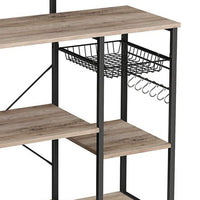 52 Inch Wood Bakers Rack, Kitchen Shelf, 6 Hooks, Workstation, Brown, Black - BM284576