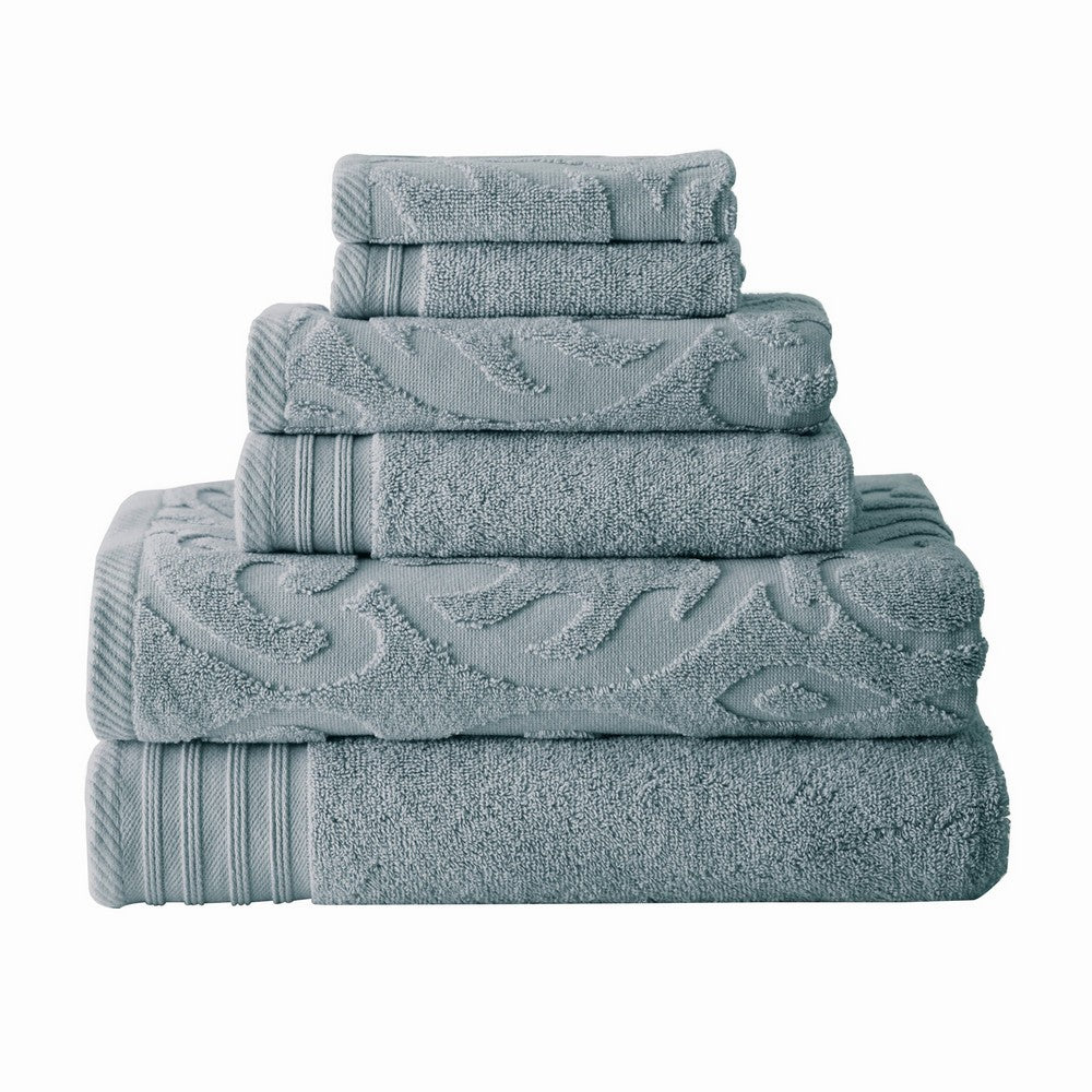Oya 6 Piece Soft Egyptian Cotton Towel Set, Medallion Pattern, Blue Gray - BM284605