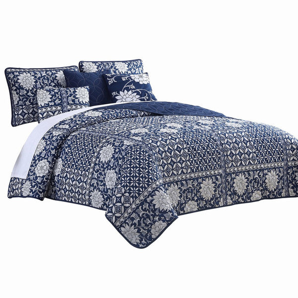 Ann 6 Piece Queen Size Polyester Quilt Set, Flowers, Reversible, Navy Blue - BM284614