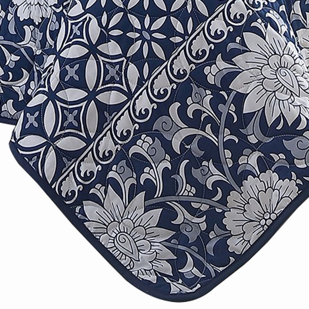Ann 6 Piece Queen Size Polyester Quilt Set, Flowers, Reversible, Navy Blue - BM284614