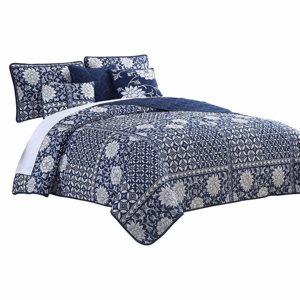 Ann 6 Piece King Size Polyester Quilt Set, Flowers, Reversible, Navy Blue - BM284615