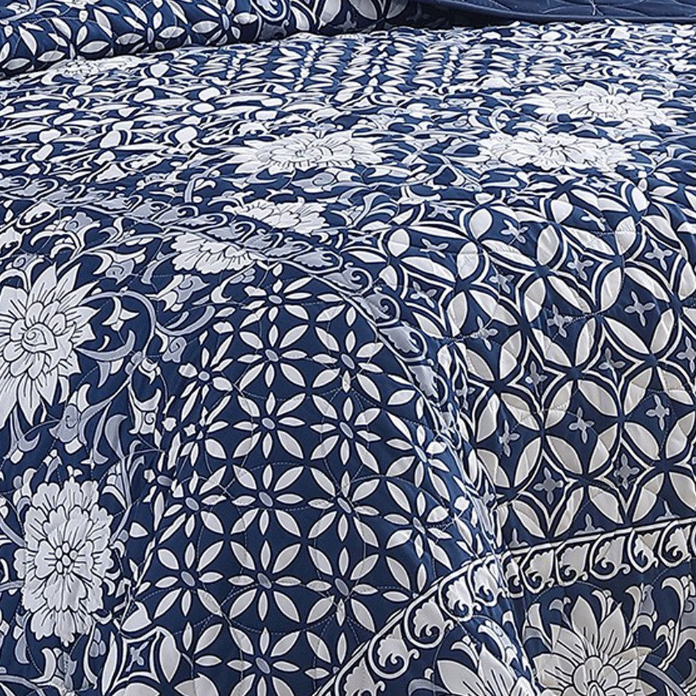Ann 6 Piece King Size Polyester Quilt Set, Flowers, Reversible, Navy Blue - BM284615