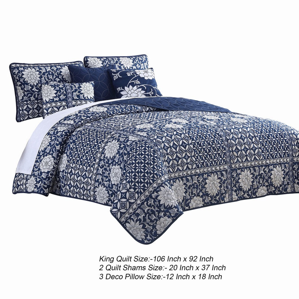 Ann 6 Piece King Size Polyester Quilt Set, Flowers, Reversible, Navy Blue - BM284615