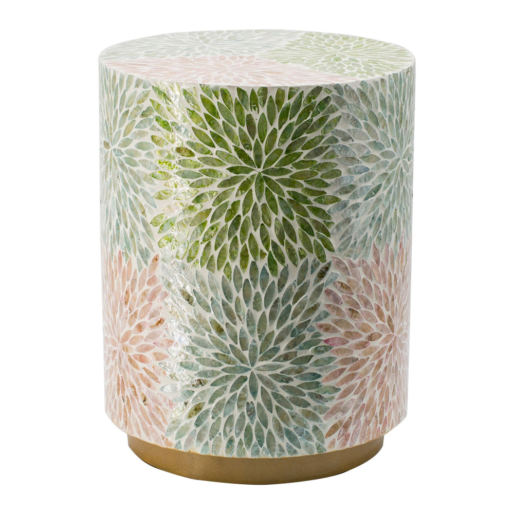 14 Inch Cylindrical Capiz Shell Accent Table Stool, Elegant Leaves Pattern - BM284711