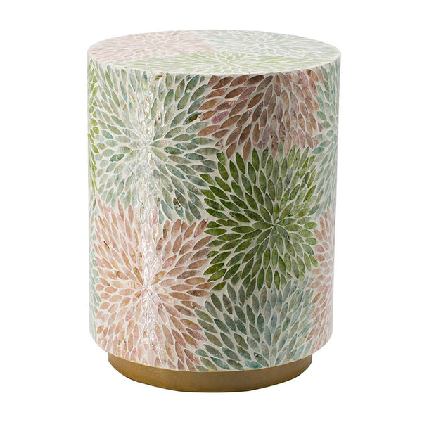 14 Inch Cylindrical Capiz Shell Accent Table Stool, Elegant Leaves Pattern - BM284711