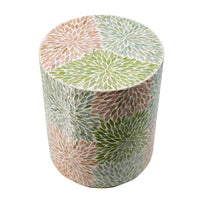 14 Inch Cylindrical Capiz Shell Accent Table Stool, Elegant Leaves Pattern - BM284711