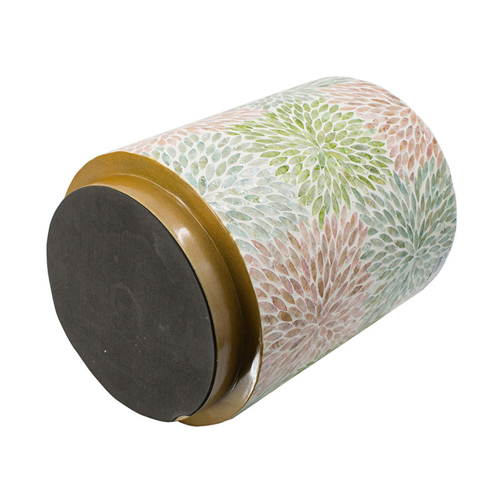 14 Inch Cylindrical Capiz Shell Accent Table Stool, Elegant Leaves Pattern - BM284711