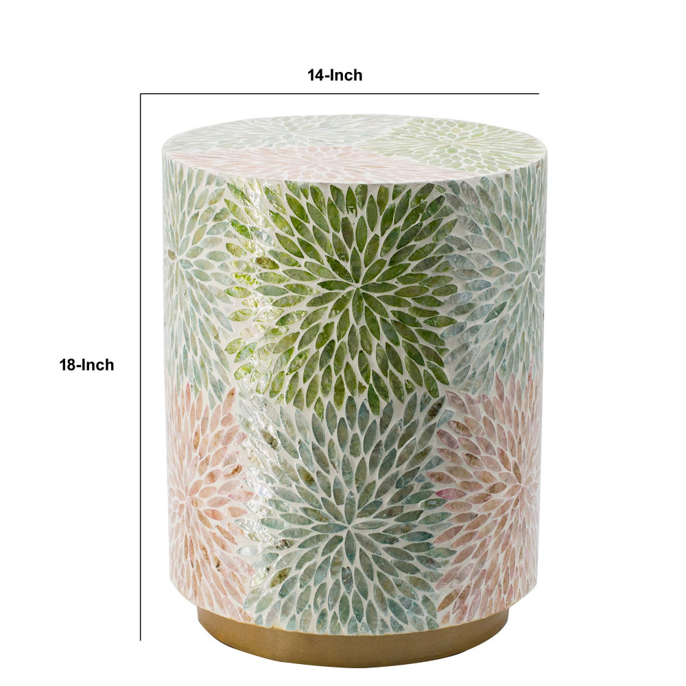 14 Inch Cylindrical Capiz Shell Accent Table Stool, Elegant Leaves Pattern - BM284711