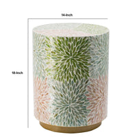14 Inch Cylindrical Capiz Shell Accent Table Stool, Elegant Leaves Pattern - BM284711