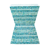 14 Inch Capiz Accent Table Stool, Blue Mosaic Geometric Hourglass Shape - BM284712