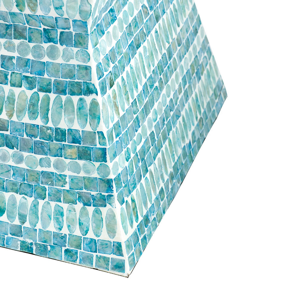 14 Inch Capiz Accent Table Stool, Blue Mosaic Geometric Hourglass Shape - BM284712