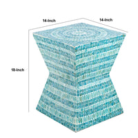 14 Inch Capiz Accent Table Stool, Blue Mosaic Geometric Hourglass Shape - BM284712