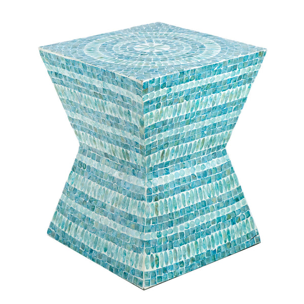 14 Inch Capiz Accent Table Stool, Blue Mosaic Geometric Hourglass Shape - BM284712