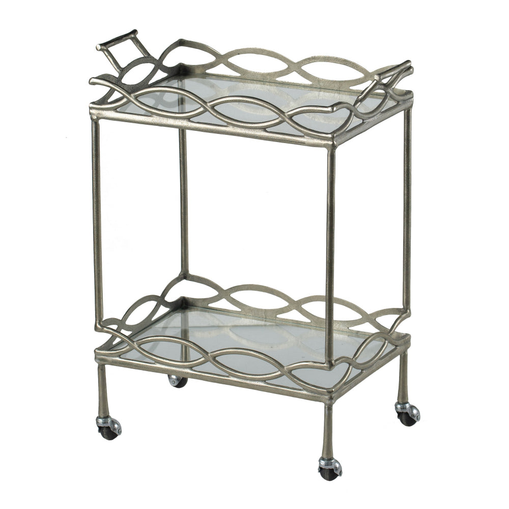 30 Inch Aluminum Bar Cart, 2 Tier Glass Shelves, Dynamic Accents, Silver - BM284713
