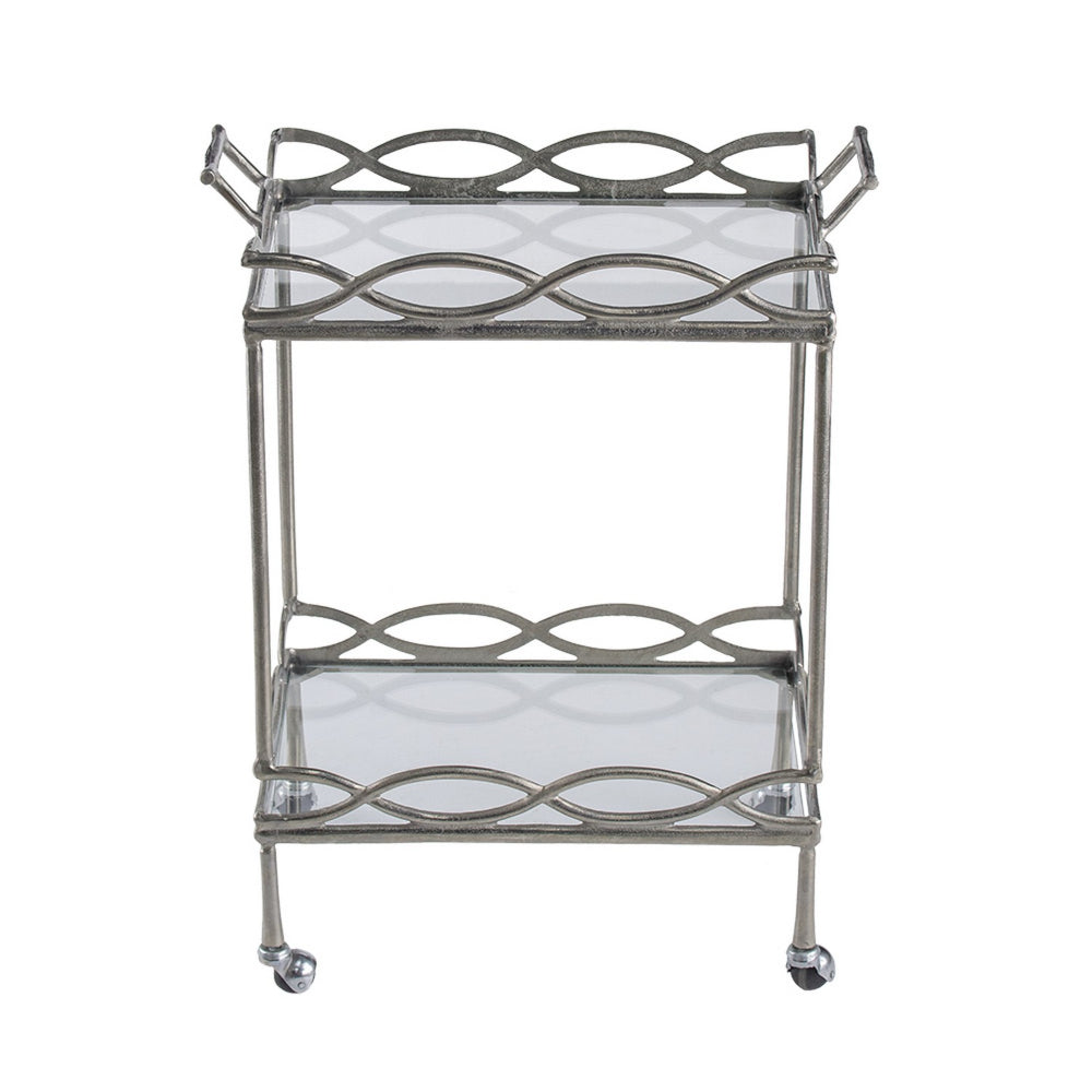 30 Inch Aluminum Bar Cart, 2 Tier Glass Shelves, Dynamic Accents, Silver - BM284713