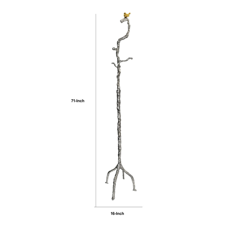 71 Inch Modern Aluminum Coat Stand, Branch Accent, Perched Bird, Silver - BM284721