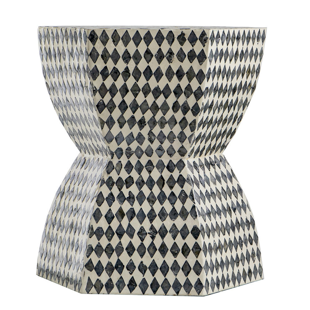 17 Inch Modern Hexagonal Table Stool, Capiz Inlaid Platform, White, Black - BM284727