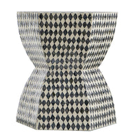 17 Inch Modern Hexagonal Table Stool, Capiz Inlaid Platform, White, Black - BM284727