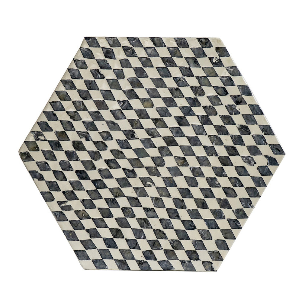 17 Inch Modern Hexagonal Table Stool, Capiz Inlaid Platform, White, Black - BM284727