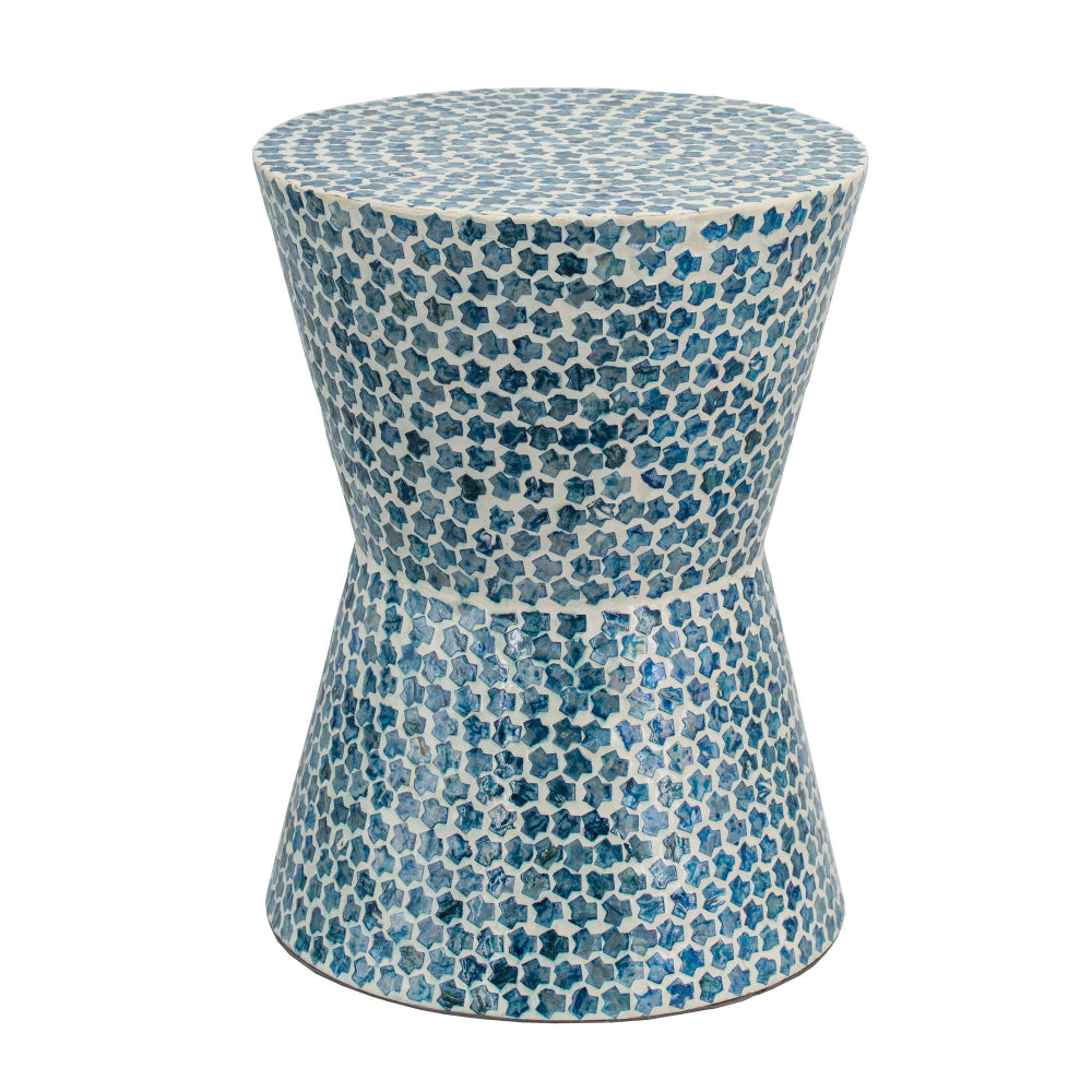 Ivy 20 Inch Luxury Accent Table Stool, Mosaic Tile Pattern, White, Blue - BM284768