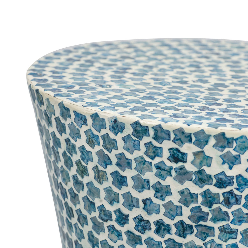 Ivy 20 Inch Luxury Accent Table Stool, Mosaic Tile Pattern, White, Blue - BM284768