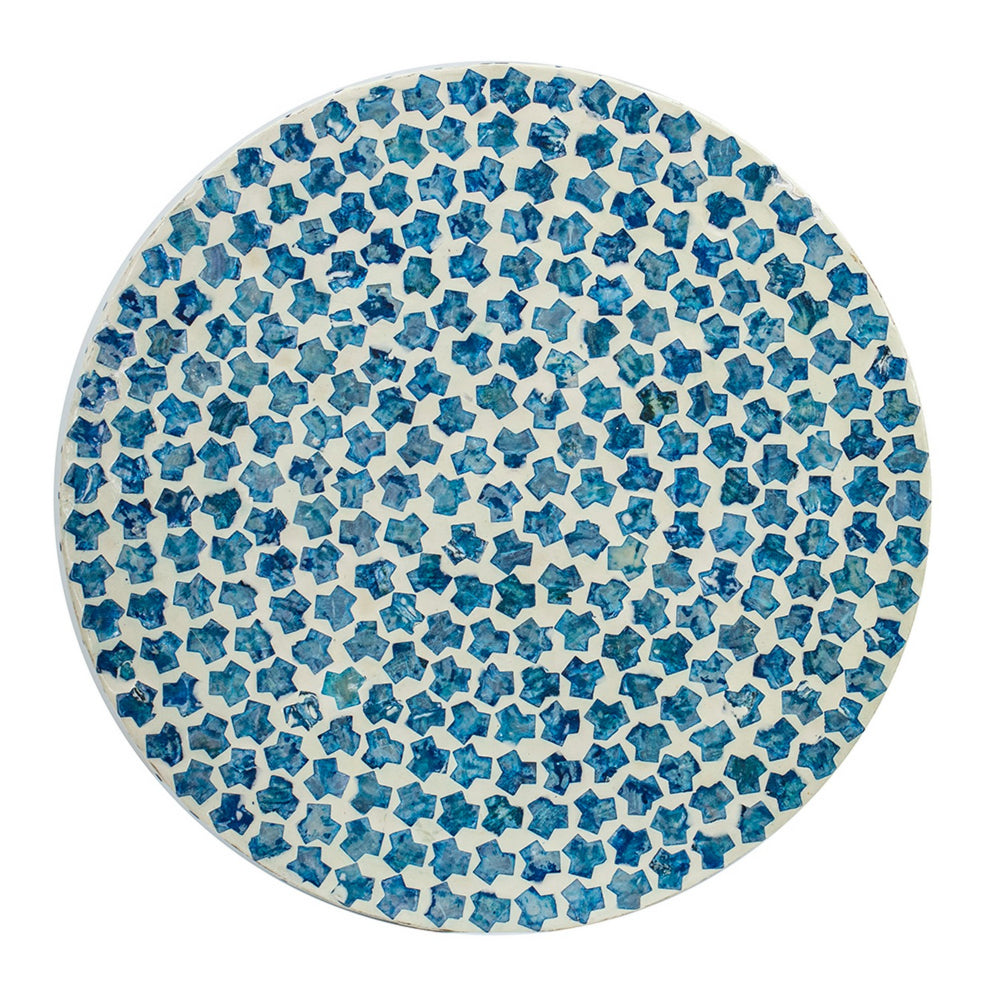 Ivy 20 Inch Luxury Accent Table Stool, Mosaic Tile Pattern, White, Blue - BM284768
