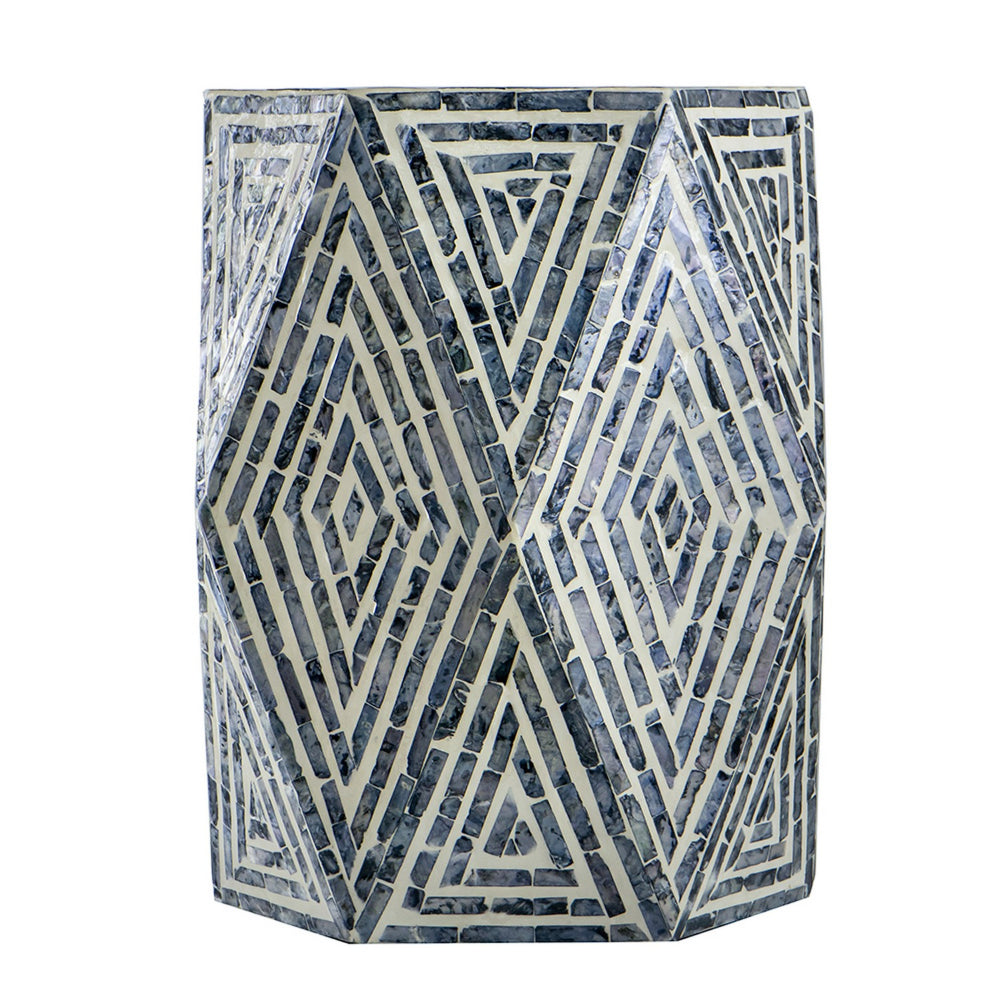 18 Inch Accent Table Stool, Hexagonal Design, Diamond Pattern, Blue, White - BM284799