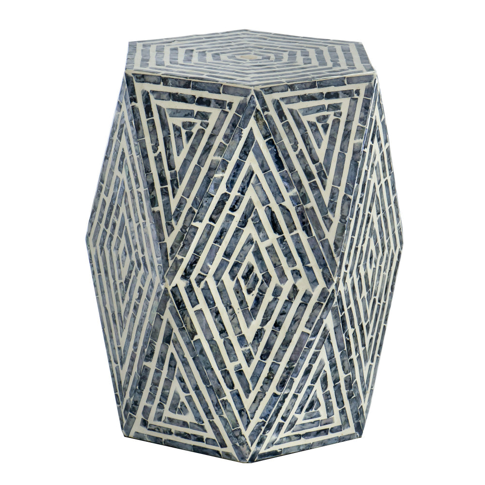 18 Inch Accent Table Stool, Hexagonal Design, Diamond Pattern, Blue, White - BM284799