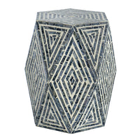 18 Inch Accent Table Stool, Hexagonal Design, Diamond Pattern, Blue, White - BM284799