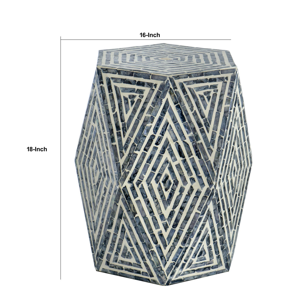 18 Inch Accent Table Stool, Hexagonal Design, Diamond Pattern, Blue, White - BM284799