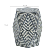 18 Inch Accent Table Stool, Hexagonal Design, Diamond Pattern, Blue, White - BM284799