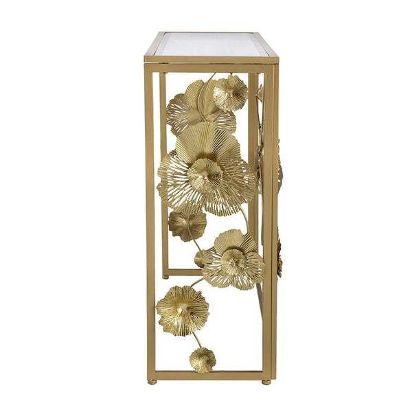 39 Inch Mirrored Top Console Table, Elegant Floral Design, Iron, Matte Gold - BM284804