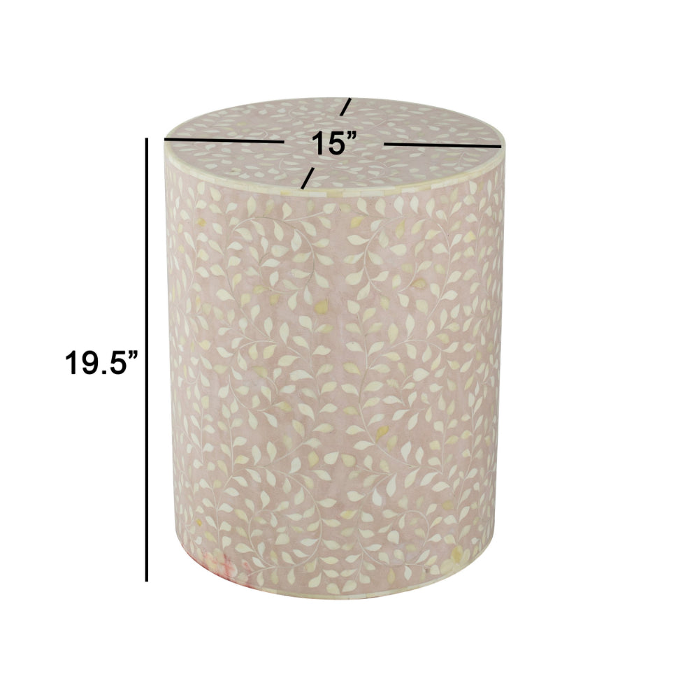 20 Inch Round Side End Table, Filigree Bone Inlay, Wood, Pale Pink, White - BM284807