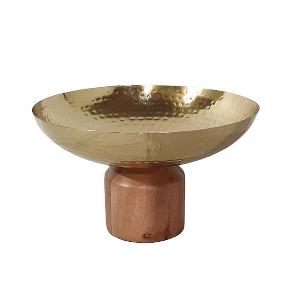 Roe 12 Inch Large Acacia Wood Table Bowl, Steel, Decorative, Gold and Brown - BM284950