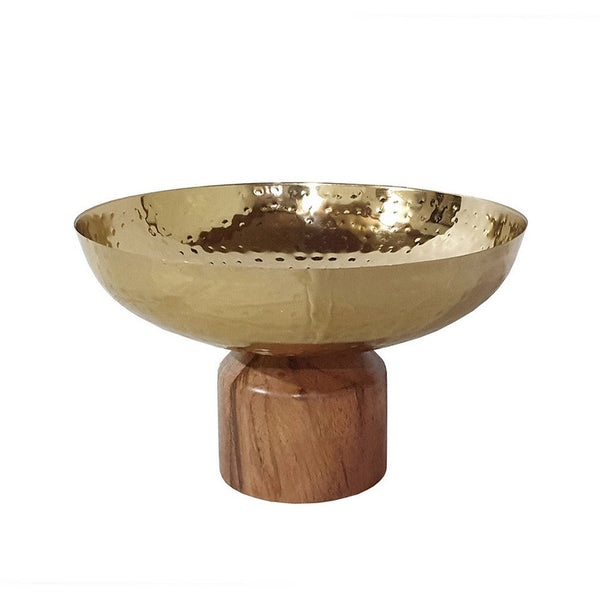 Roe 10 Inch Medium Acacia Wood Table Bowl, Steel, Decorative, Gold, Brown - BM284951
