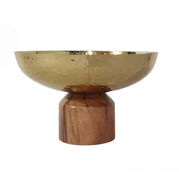Roe 10 Inch Medium Acacia Wood Table Bowl, Steel, Decorative, Gold, Brown - BM284951
