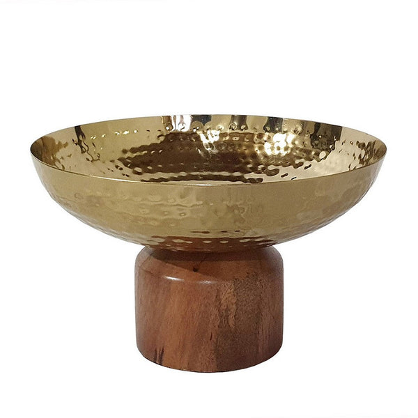 Roe 8 Inch Small Acacia Wood Table Bowl, Steel, Decorative, Gold and Brown - BM284952