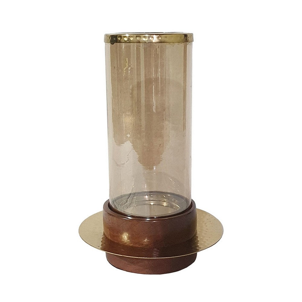 11 Inch Glass Hurricane Candle Holder, Acacia Wood, Small, Gold FInish - BM284962