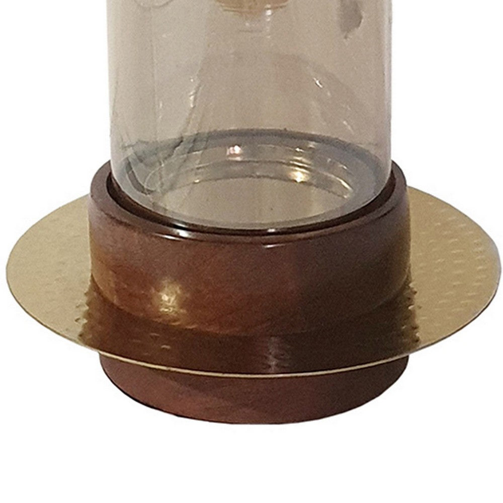 11 Inch Glass Hurricane Candle Holder, Acacia Wood, Small, Gold FInish - BM284962