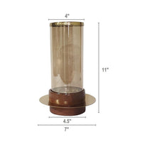 11 Inch Glass Hurricane Candle Holder, Acacia Wood, Small, Gold FInish - BM284962