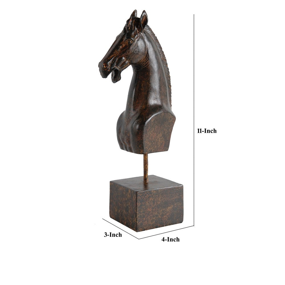 Don 11 Inch Horse Bust Statuette, Tabletop Accent Decor, Brown Resin, Metal - BM284973