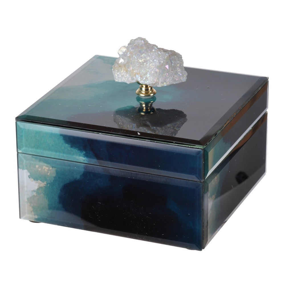 Eve 6 Inch Decorative Accessory Box, Elegant Stone with Finial Accent, Blue - BM285002