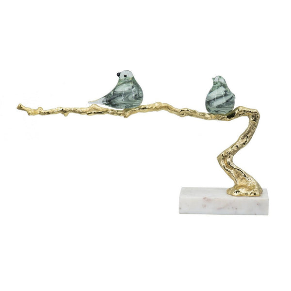 Sue 25 Inch Accent Decor Sculpture, 2 Birds Sitting on Branch, Gold, White - BM285004
