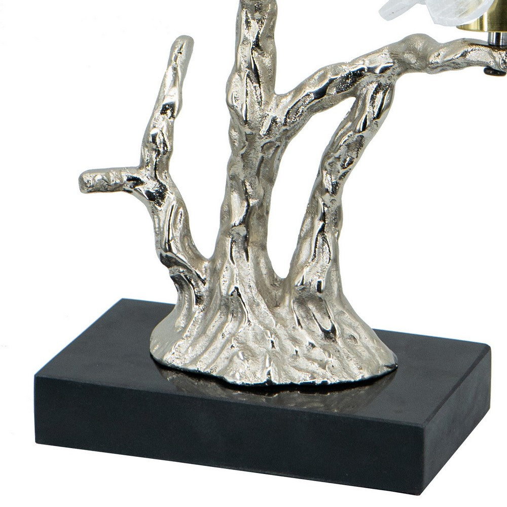 Sue 15 Inch Accent Decor Figurine, Bird on a Branch, Flower, Black, Silver - BM285005